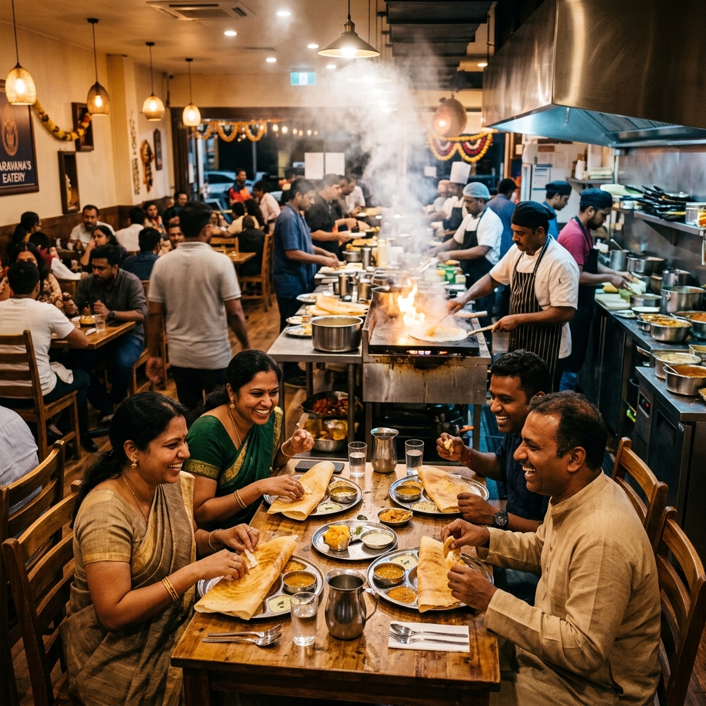 Happy customers enjoying Malhar Dhosa in a lively setting.